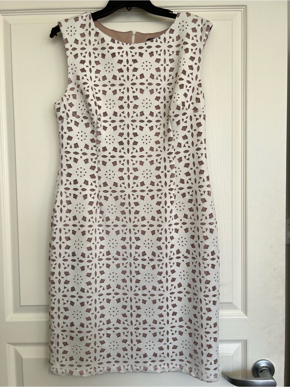 White Sleeveless Eyelet Sheath Dress with Taupe Underlay